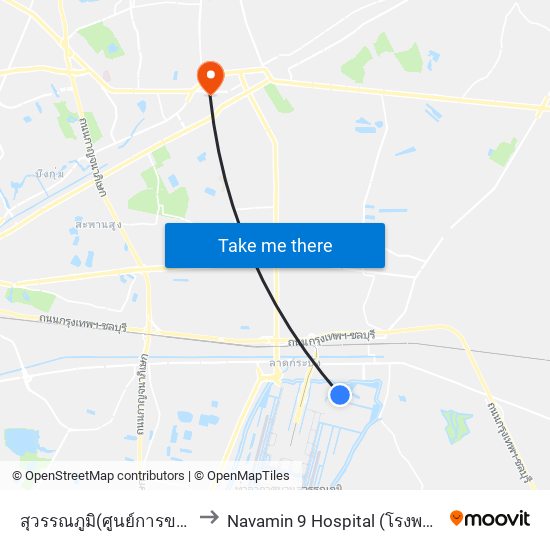 สุวรรณภูมิ(ศูนย์การขนส่งสาธารณะ) to Navamin 9 Hospital (โรงพยาบาลนวมินทร์ 9) map