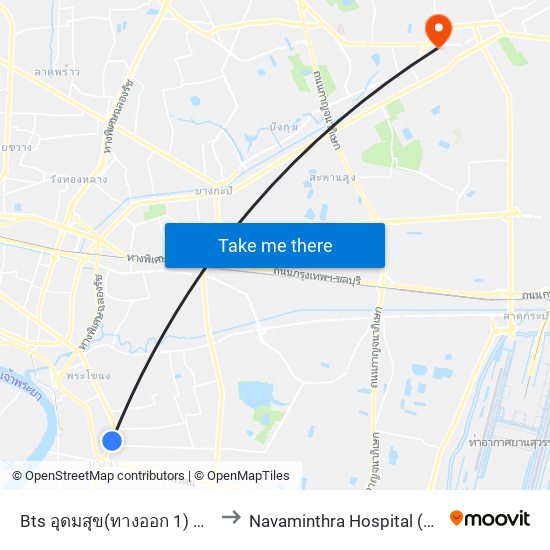 Bts อุดมสุข(ทางออก 1) Bts Udomsuk (Exit 1) to Navaminthra Hospital (โรงพยาบาลนวมินทร์) map