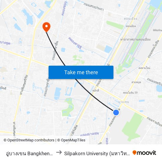 อู่บางเขน Bangkhen Bus Depot to Silpakorn University (มหาวิทยาลัยศิลปากร) map