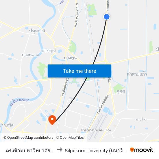 ตรงข้ามมหาวิทยาลัยกรุงเทพรังสิต to Silpakorn University (มหาวิทยาลัยศิลปากร) map