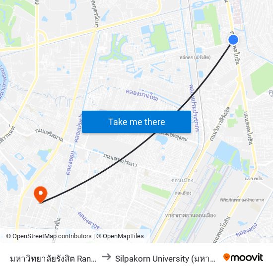 มหาวิทยาลัยรังสิต Rangsit University to Silpakorn University (มหาวิทยาลัยศิลปากร) map