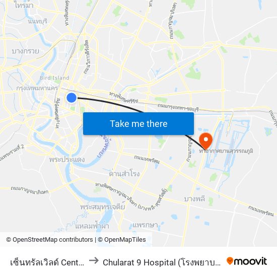 เซ็นทรัลเวิลด์ Central World to Chularat 9 Hospital (โรงพยาบาลจุฬารัตน์ 9) map