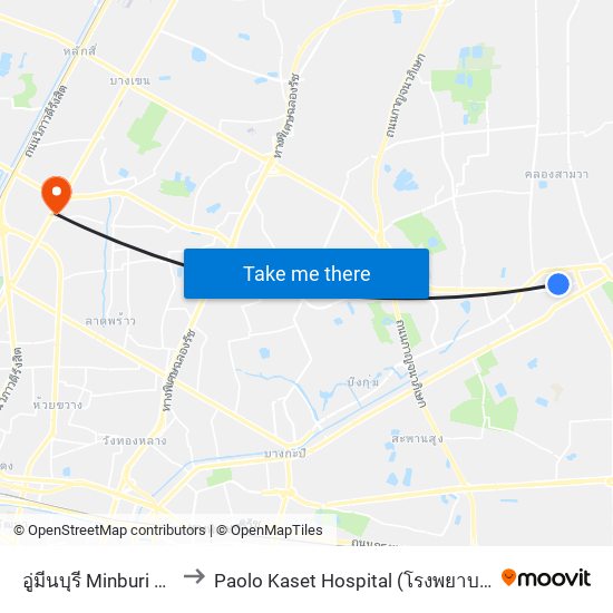 อู่มีนบุรี Minburi Bus Depot to Paolo Kaset Hospital (โรงพยาบาลเปาโล เกษตร) map