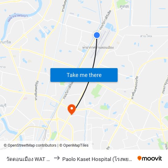 วัดดอนเมือง WAT Don Mueang to Paolo Kaset Hospital (โรงพยาบาลเปาโล เกษตร) map