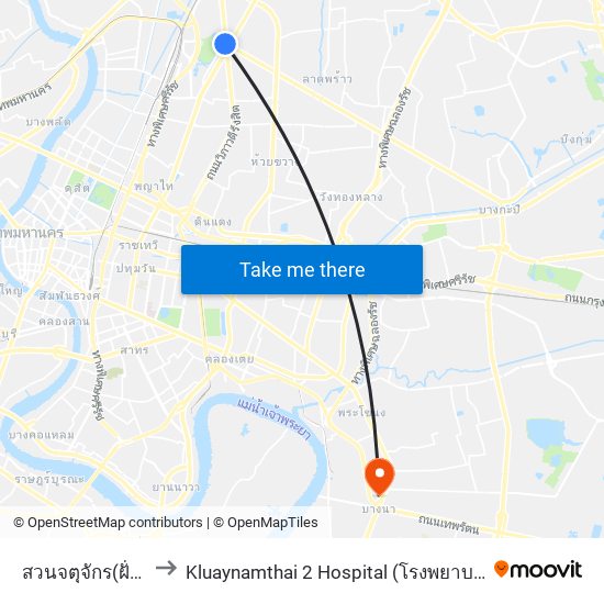 สวนจตุจักร(ฝั่งวิภาวดี) to Kluaynamthai 2 Hospital (โรงพยาบาลกล้วยน้ำไทย 2) map