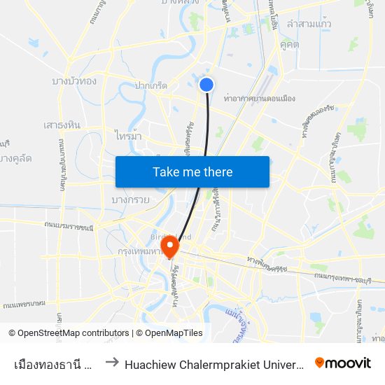 เมืองทองธานี Mueang Thong Thani to Huachiew Chalermprakiet University (มหาวิทยาลัยหัวเฉียวเฉลิมพระเกียรติ) map