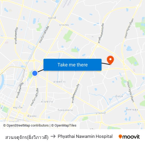 สวนจตุจักร(ฝั่งวิภาวดี) to Phyathai Nawamin Hospital map