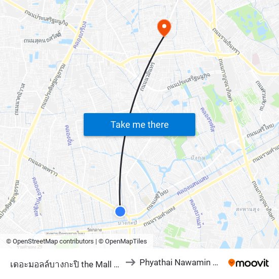 เดอะมอลล์บางกะปิ the Mall Bangkapi to Phyathai Nawamin Hospital map
