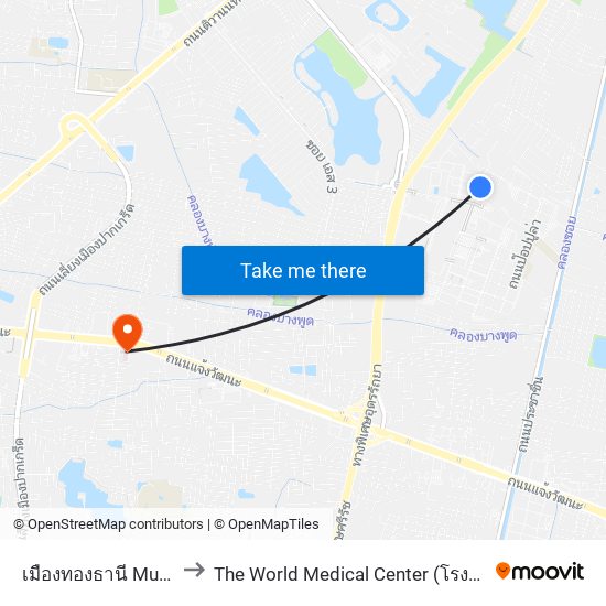 เมืองทองธานี Mueang Thong Thani to The World Medical Center (โรงพยาบาลเวิลด์เมดิคอลเซ็นเตอร์) map