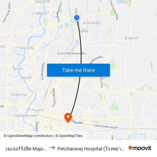 เมเจอร์รังสิต Major Rangsit to Petcharavej Hospital (โรงพยาบาลเพชรเวช) map