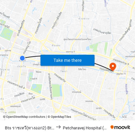 Bts ราชเทวี(ทางออก2) Bts Ratchathewi (Exit 2) to Petcharavej Hospital (โรงพยาบาลเพชรเวช) map