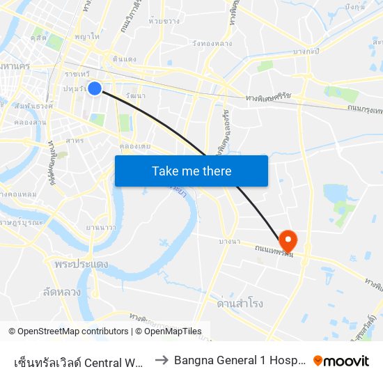 เซ็นทรัลเวิลด์ Central World to Bangna General 1 Hospital map