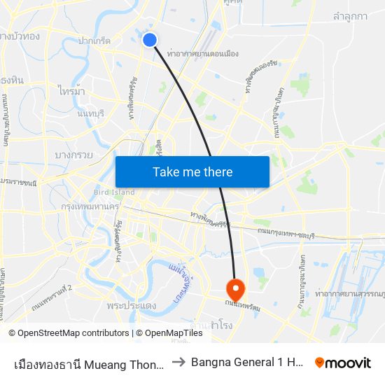 เมืองทองธานี Mueang Thong Thani to Bangna General 1 Hospital map