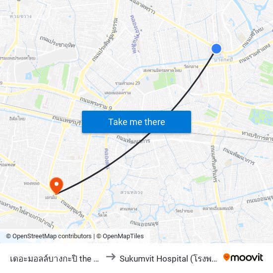 เดอะมอลล์บางกะปิ the Mall Bangkapi to Sukumvit Hospital (โรงพยาบาลสุขุมวิท) map