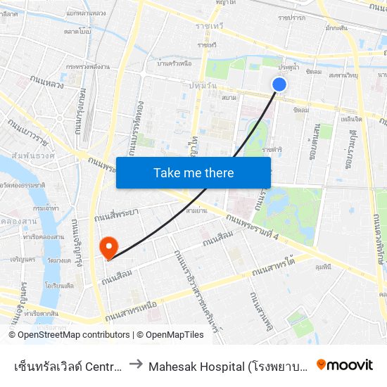 เซ็นทรัลเวิลด์ Central World to Mahesak Hospital (โรงพยาบาลมเหสักข์) map