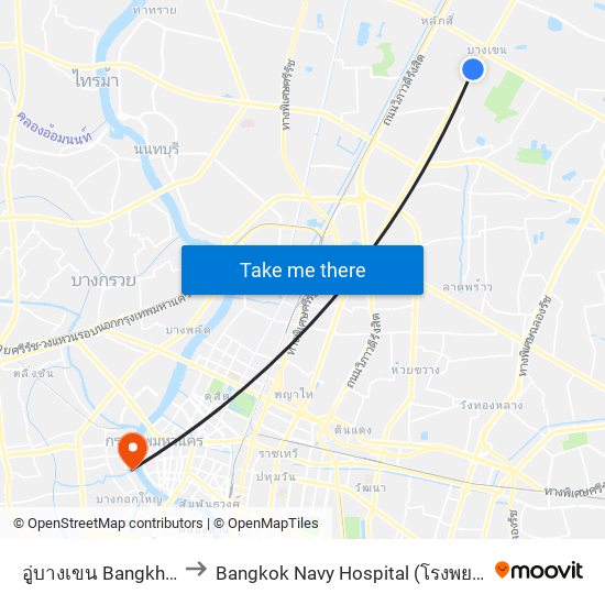 อู่บางเขน Bangkhen Bus Depot to Bangkok Navy Hospital (โรงพยาบาลทหารเรือกรุงเทพ) map