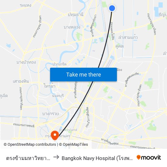 ตรงข้ามมหาวิทยาลัยกรุงเทพรังสิต to Bangkok Navy Hospital (โรงพยาบาลทหารเรือกรุงเทพ) map