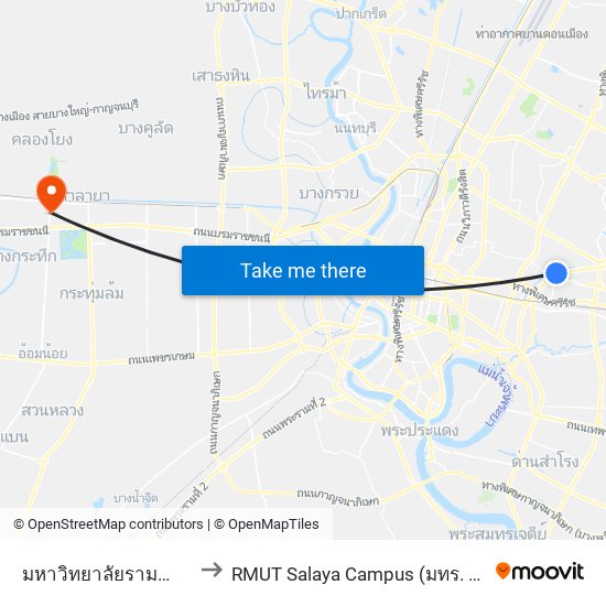 มหาวิทยาลัยรามคำแหง University to RMUT Salaya Campus (มทร. รัตนโกสินทร์ ศาลายา) map