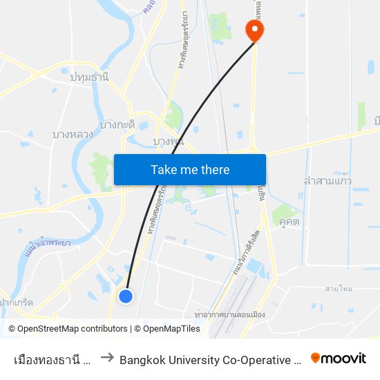 เมืองทองธานี Mueang Thong Thani to Bangkok University Co-Operative Store (ร้านสหกรณ์มหาวิทยาลัยกรุงเทพ จำกัด) map