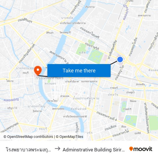 โรงพยาบาลพระมงกุฎเกล้า Phramongkutklao Hospital to Adminstrative Building Siriraj Hospital (ตึกอํานวยการ โรงพยาบาลศิริราช) map