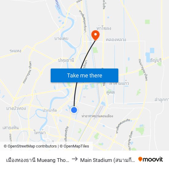 เมืองทองธานี Mueang Thong Thani to Main Stadium (สนามกีฬาหลัก) map