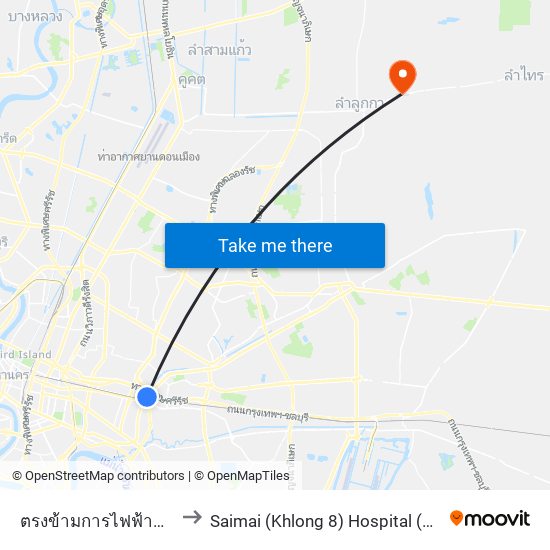 ตรงข้ามการไฟฟ้านครหลวงเขตบางกะปิ to Saimai (Khlong 8) Hospital (โรงพยาบาลสายไหม (คลอง 8)) map