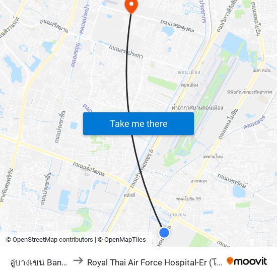 อู่บางเขน Bangkhen Bus Depot to Royal Thai Air Force Hospital-Er (โรงพยาบาลทหารอากาศ สีกัน-ฉุกเฉิน) map