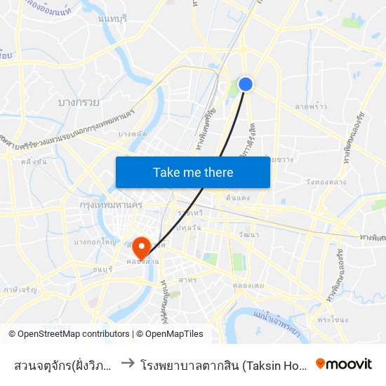 สวนจตุจักร(ฝั่งวิภาวดี) to โรงพยาบาลตากสิน (Taksin Hospital) map