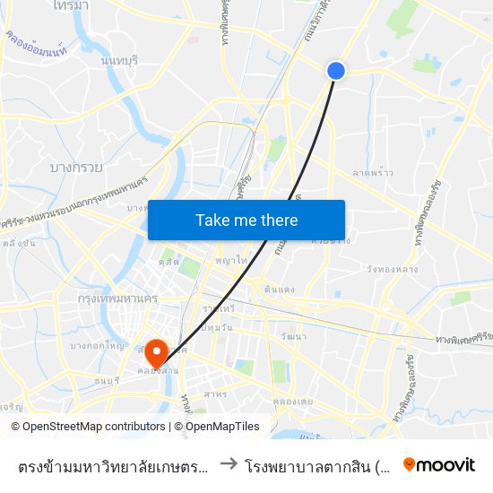 ตรงข้ามมหาวิทยาลัยเกษตรศาสตร์(ฝั่งพหลโยธิน) to โรงพยาบาลตากสิน (Taksin Hospital) map