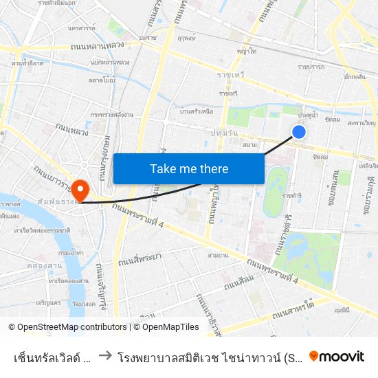 เซ็นทรัลเวิลด์ Central World to โรงพยาบาลสมิติเวช ไชน่าทาวน์ (Samitivej Chinatown Hospital) map