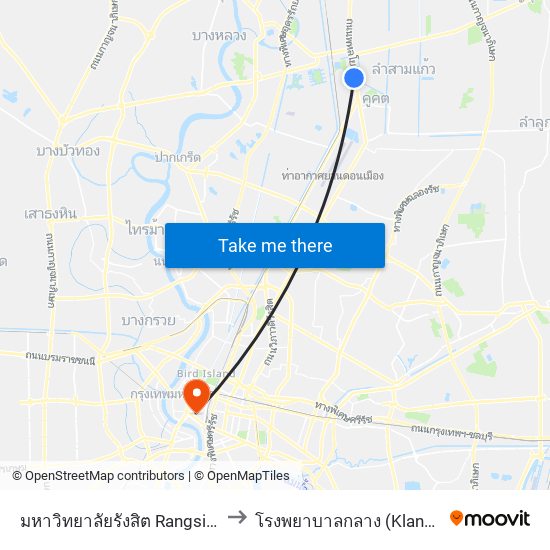 มหาวิทยาลัยรังสิต Rangsit University to โรงพยาบาลกลาง (Klang Hospital) map