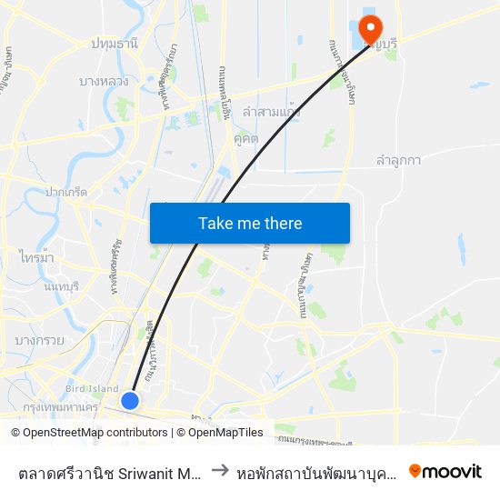 ตลาดศรีวานิช Sriwanit Market to หอพักสถาบันพัฒนาบุคลากร map