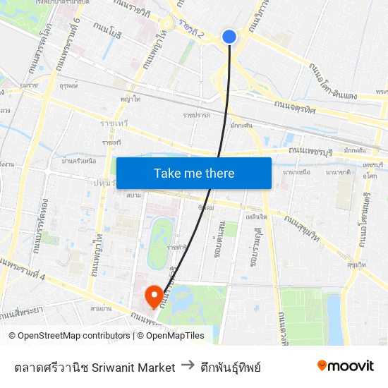 ตลาดศรีวานิช Sriwanit Market to ตึกพันธุ์ทิพย์ map