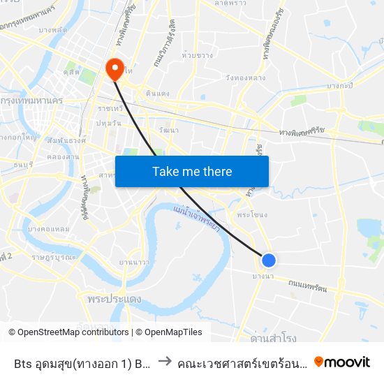 Bts อุดมสุข(ทางออก 1) Bts Udomsuk (Exit 1) to คณะเวชศาสตร์เขตร้อน มหาวิทยาลัยมหิดล map