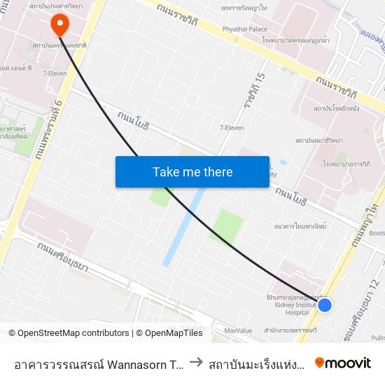 อาคารวรรณสรณ์ Wannasorn Tower to สถาบันมะเร็งแห่งชาติ map