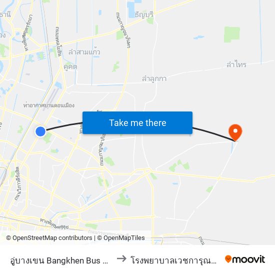 อู่บางเขน Bangkhen Bus Depot to โรงพยาบาลเวชการุณย์รัศมิ์ map