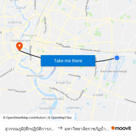 สุวรรณภูมิ(ตึกปฏิบัติการภาคพื้นดินการบินไทย) to มหาวิทยาลัยราชภัฏบ้านสมเด็จเจ้าพระยา map