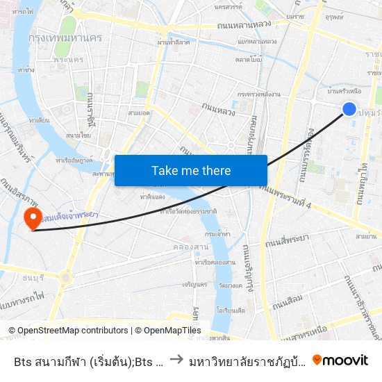 Bts สนามกีฬา (เริ่มต้น);Bts National Stadium (Start) to มหาวิทยาลัยราชภัฏบ้านสมเด็จเจ้าพระยา map