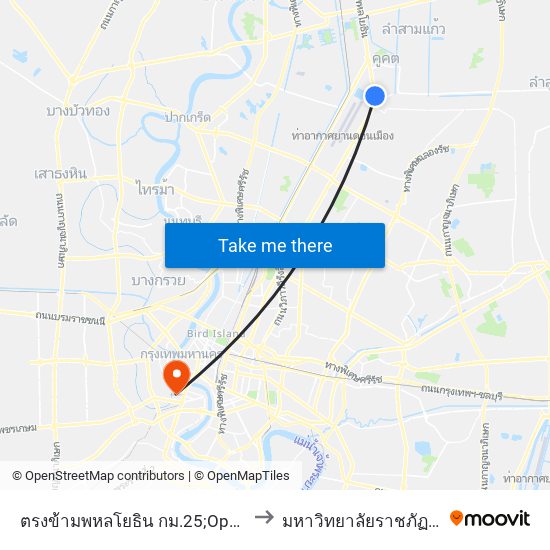 ตรงข้ามพหลโยธิน กม.25;Opposite Phahon Yothin Km. 25 to มหาวิทยาลัยราชภัฏบ้านสมเด็จเจ้าพระยา map