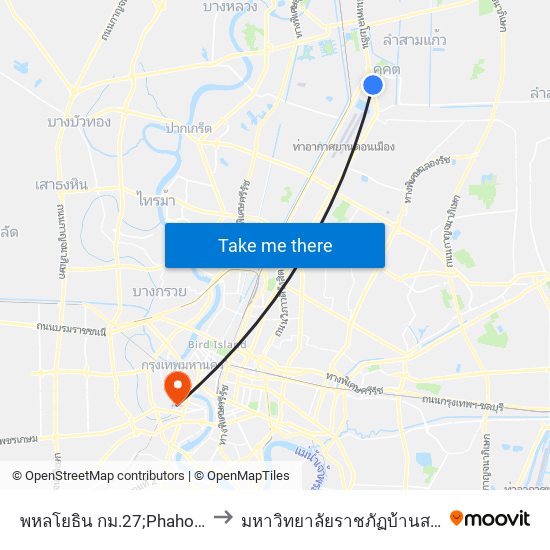 พหลโยธิน กม.27;Phaholyothin Km.27 to มหาวิทยาลัยราชภัฏบ้านสมเด็จเจ้าพระยา map