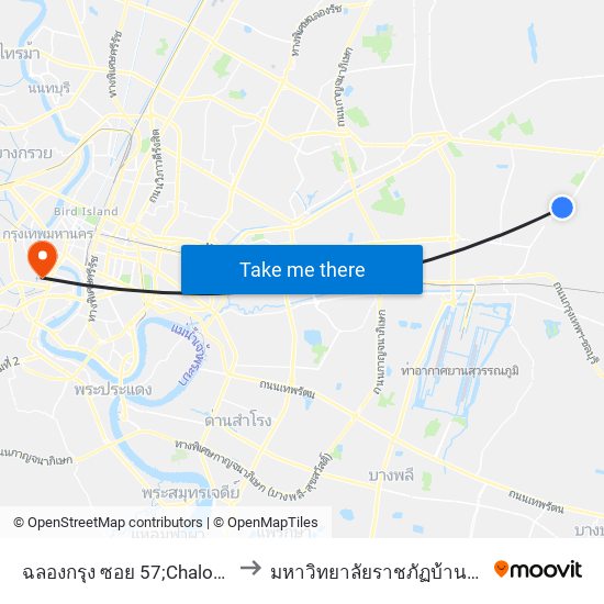 ฉลองกรุง ซอย 57;Chalong Krung Soi 57 to มหาวิทยาลัยราชภัฏบ้านสมเด็จเจ้าพระยา map