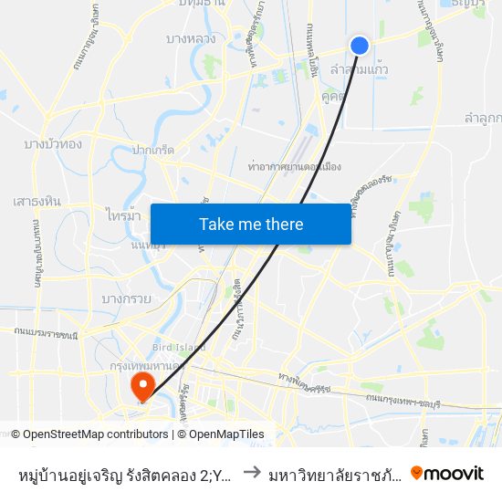 หมู่บ้านอยู่เจริญ รังสิตคลอง 2;Yoo Charoen Rangsit Klong 2 Village to มหาวิทยาลัยราชภัฏบ้านสมเด็จเจ้าพระยา map