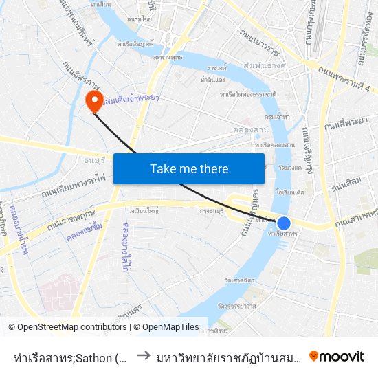 ท่าเรือสาทร;Sathon (Taksin) Pier to มหาวิทยาลัยราชภัฏบ้านสมเด็จเจ้าพระยา map