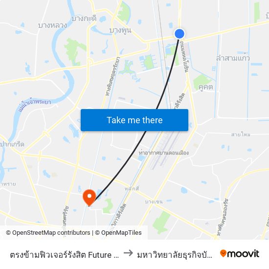 ตรงข้ามฟิวเจอร์รังสิต Future Rangsit to มหาวิทยาลัยธุรกิจบัณฑิตย์ map