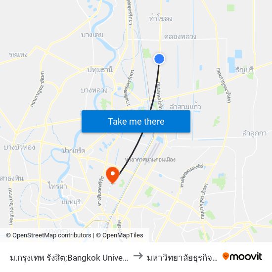 ม.กรุงเทพ รังสิต;Bangkok University Rangsit to มหาวิทยาลัยธุรกิจบัณฑิตย์ map