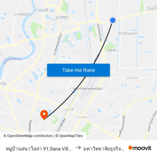 หมู่บ้านสนาวิลล่า 91;Sana Villa Village 91 to มหาวิทยาลัยธุรกิจบัณฑิตย์ map