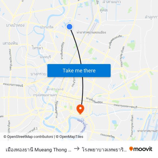 เมืองทองธานี Mueang Thong Thani to โรงพยาบาล​เทพธารินทร์ map