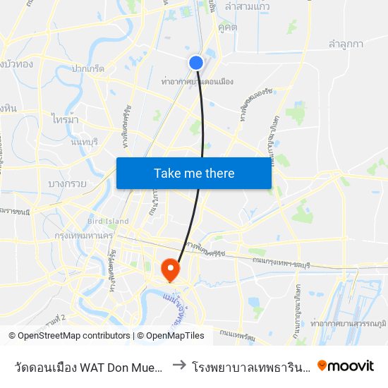 วัดดอนเมือง WAT Don Mueang to โรงพยาบาล​เทพธารินทร์ map