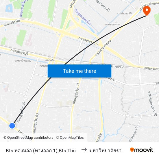 Bts ทองหล่อ (ทางออก 1);Bts Thonglo (Exit 1) to มหาวิทยาลัยรามคำแหง map