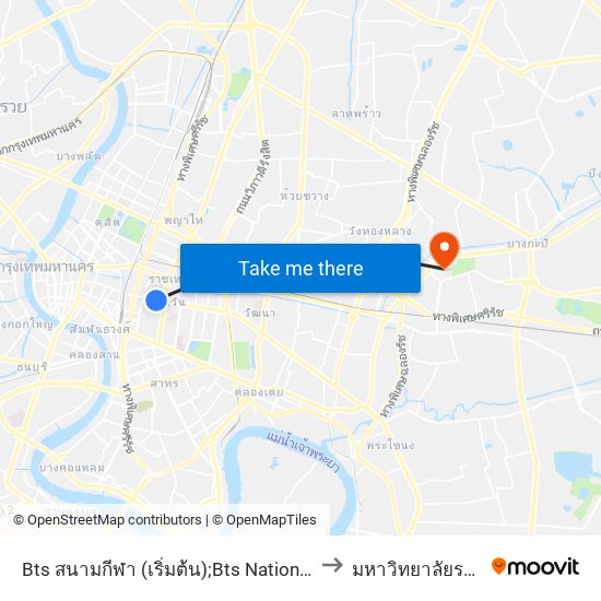 Bts สนามกีฬา (เริ่มต้น);Bts National Stadium (Start) to มหาวิทยาลัยรามคำแหง map